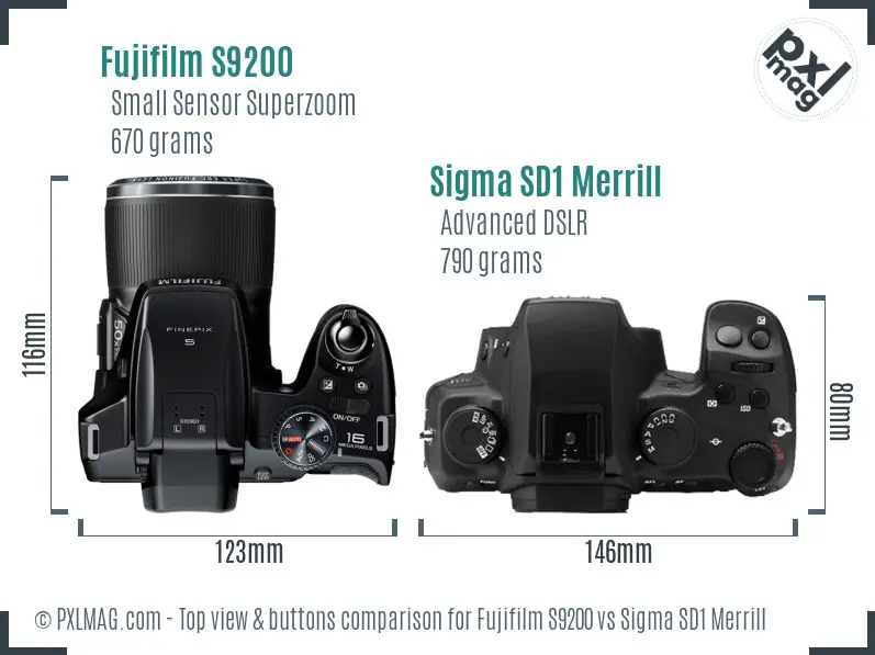 Fujifilm S9200 vs Sigma SD1 Merrill top view buttons comparison Fujifilm S9200 vs Sigma SD1 Merrill top view buttons comparison