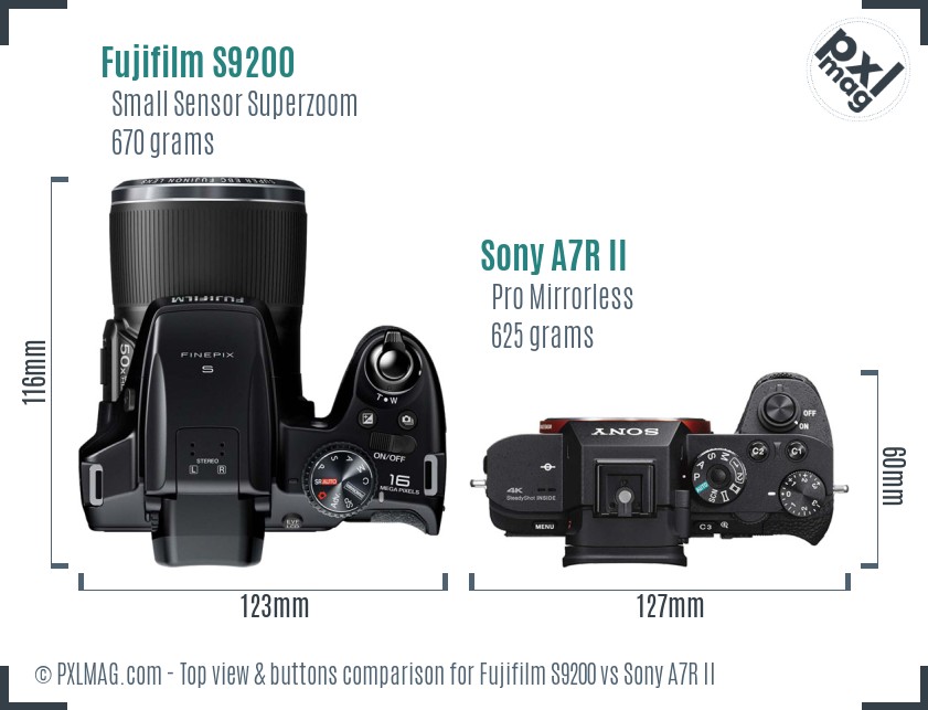 Fujifilm S9200 vs Sony A7R II top view buttons comparison
