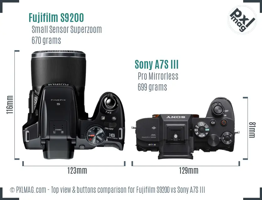 Fujifilm S9200 vs Sony A7S III top view buttons comparison Fujifilm S9200 vs Sony A7S III top view buttons comparison