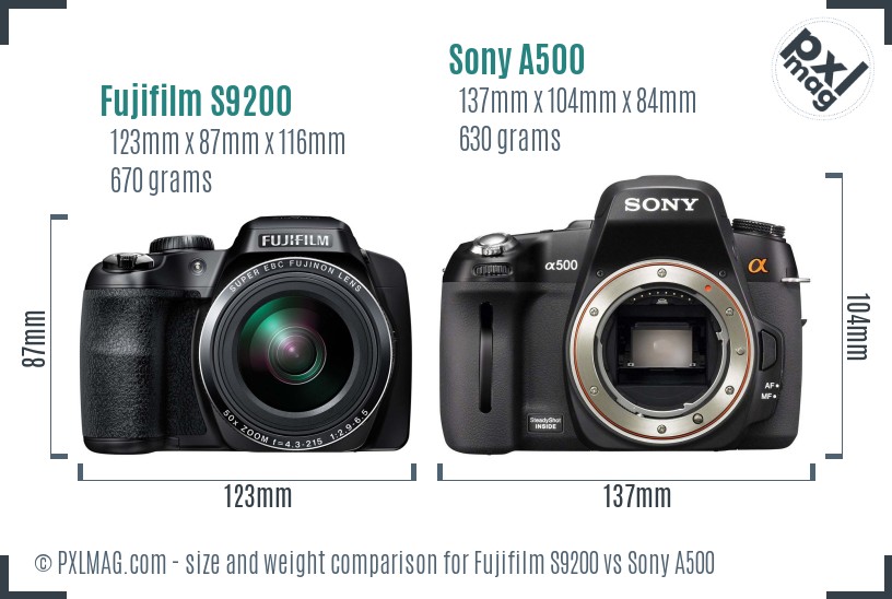 Fujifilm S9200 vs Sony A500 size comparison Fujifilm S9200 vs Sony A500 size comparison