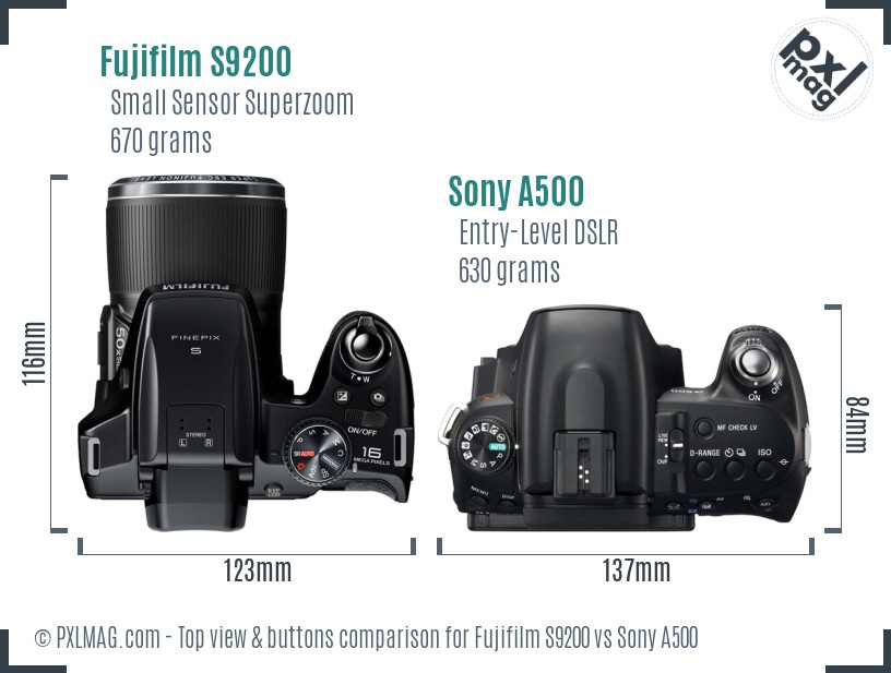 Fujifilm S9200 vs Sony A500 top view buttons comparison
