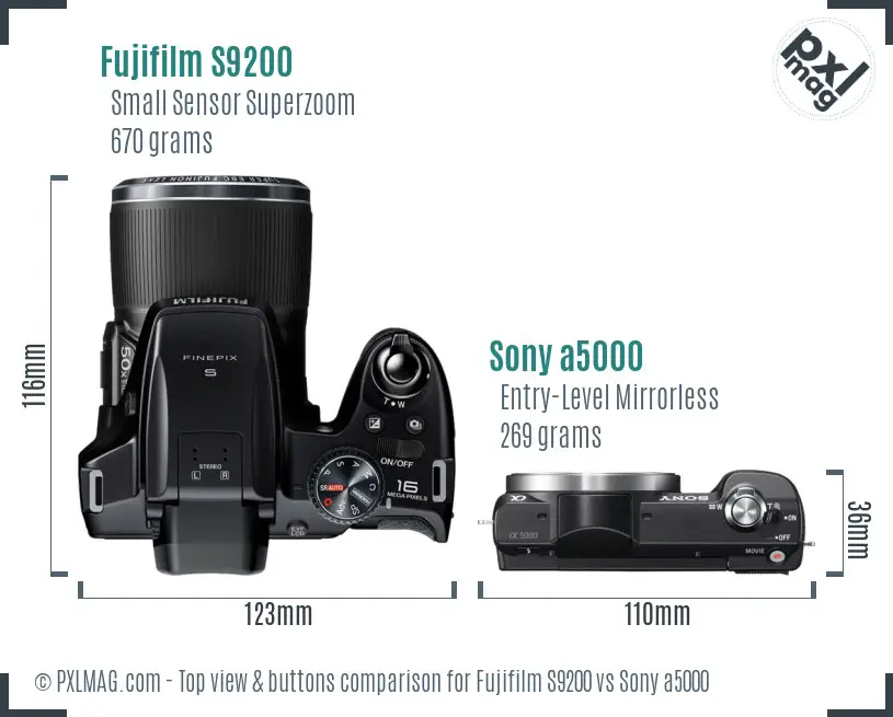 Fujifilm S9200 vs Sony a5000 top view buttons comparison