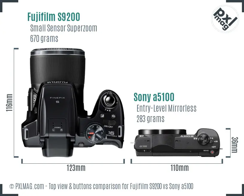 Fujifilm S9200 vs Sony a5100 top view buttons comparison Fujifilm S9200 vs Sony a5100 top view buttons comparison