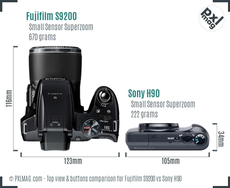 Fujifilm S9200 vs Sony H90 top view buttons comparison Fujifilm S9200 vs Sony H90 top view buttons comparison