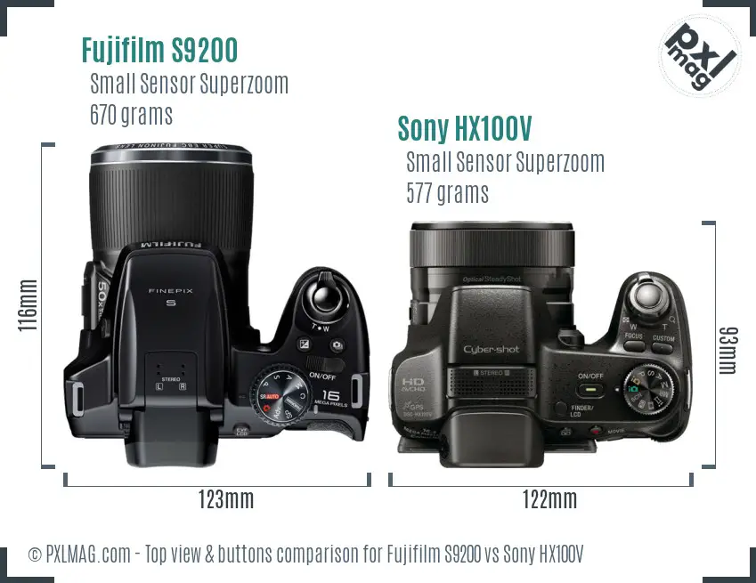 Fujifilm S9200 vs Sony HX100V top view buttons comparison