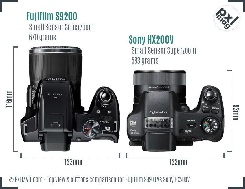 Fujifilm S9200 vs Sony HX200V top view buttons comparison