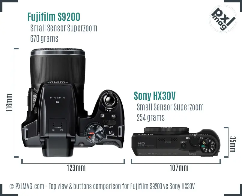 Fujifilm S9200 vs Sony HX30V top view buttons comparison