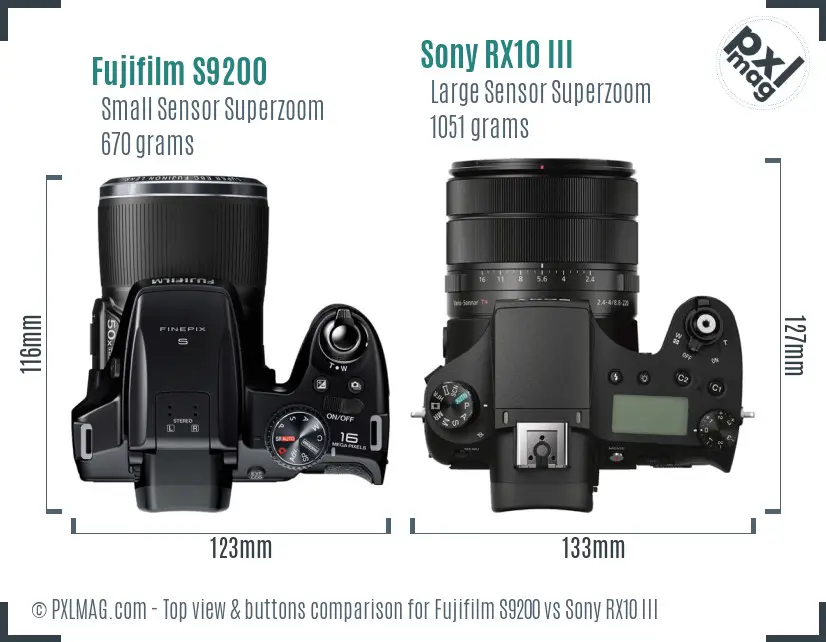 Fujifilm S9200 vs Sony RX10 III top view buttons comparison