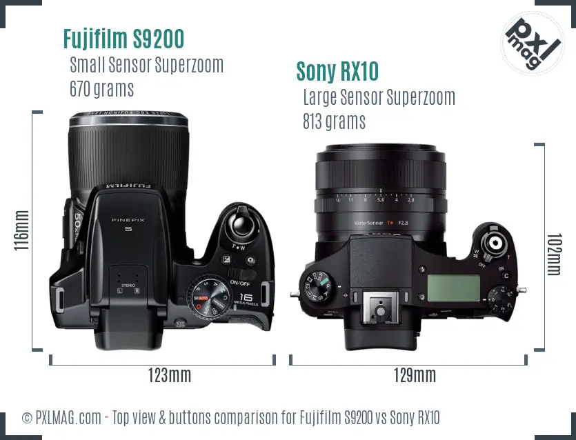 Fujifilm S9200 vs Sony RX10 top view buttons comparison