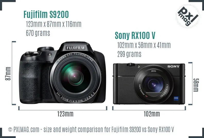 Fujifilm S9200 vs Sony RX100 V size comparison