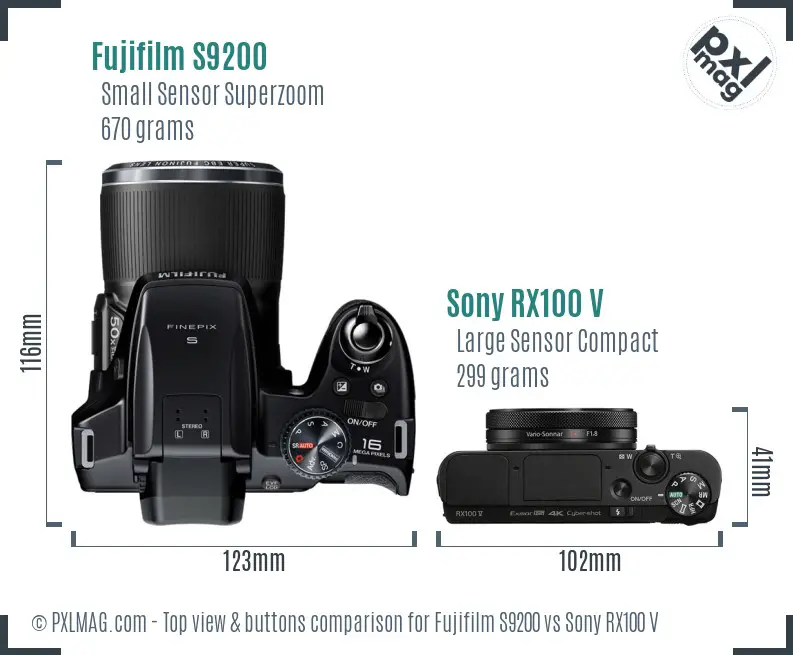 Fujifilm S9200 vs Sony RX100 V top view buttons comparison