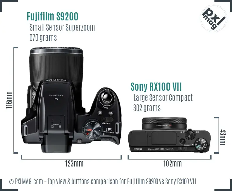 Fujifilm S9200 vs Sony RX100 VII top view buttons comparison
