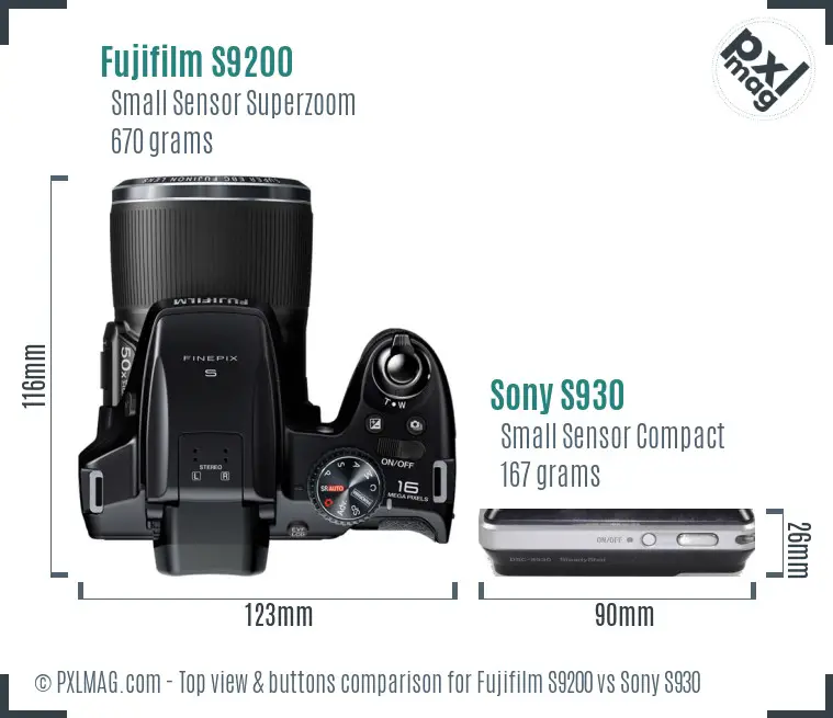 Fujifilm S9200 vs Sony S930 top view buttons comparison