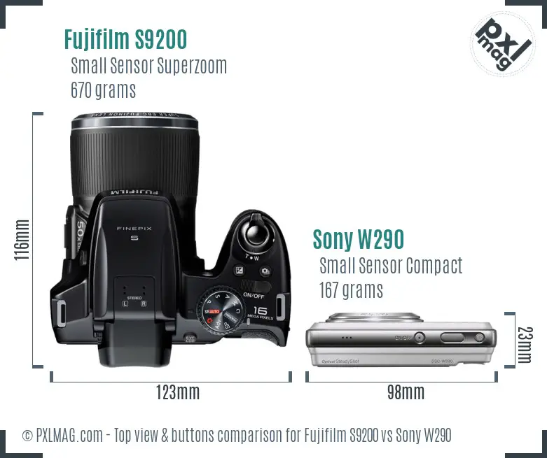 Fujifilm S9200 vs Sony W290 top view buttons comparison