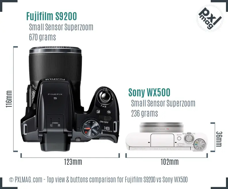 Fujifilm S9200 vs Sony WX500 top view buttons comparison Fujifilm S9200 vs Sony WX500 top view buttons comparison