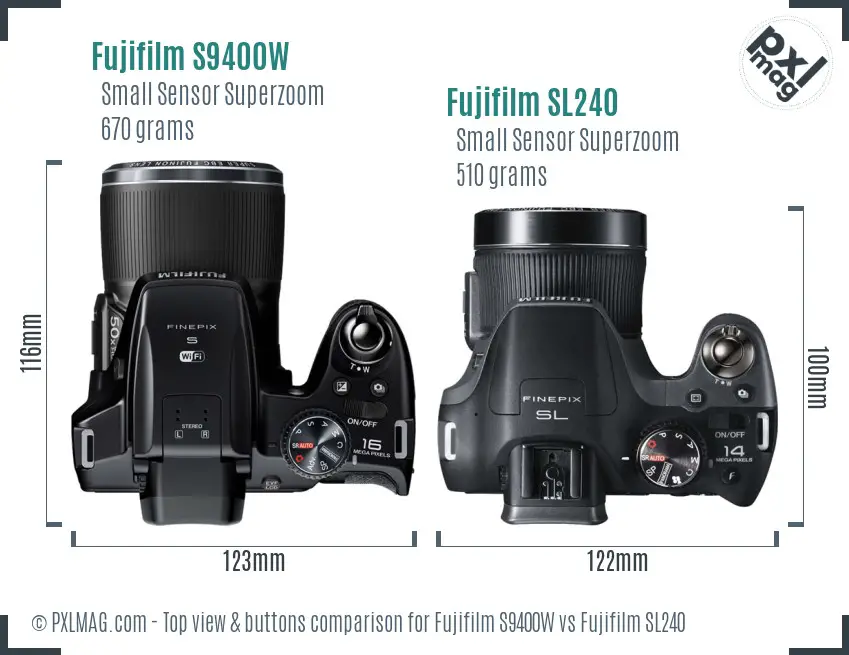 Fujifilm S9400W vs Fujifilm SL240 top view buttons comparison