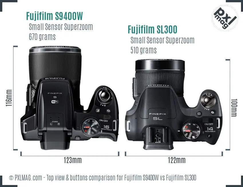 Fujifilm S9400W vs Fujifilm SL300 top view buttons comparison