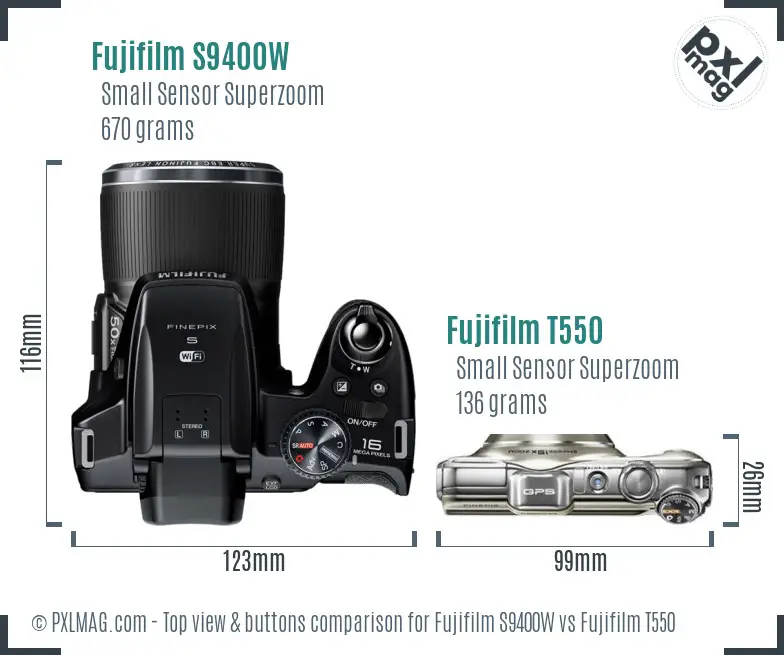 Fujifilm S9400W vs Fujifilm T550 top view buttons comparison