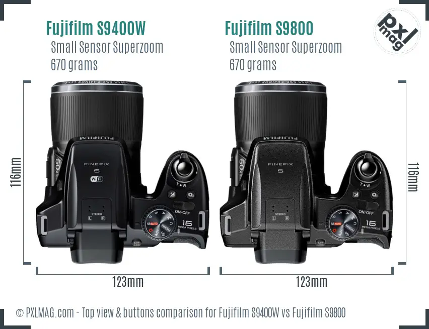 Fujifilm S9400W vs Fujifilm S9800 top view buttons comparison