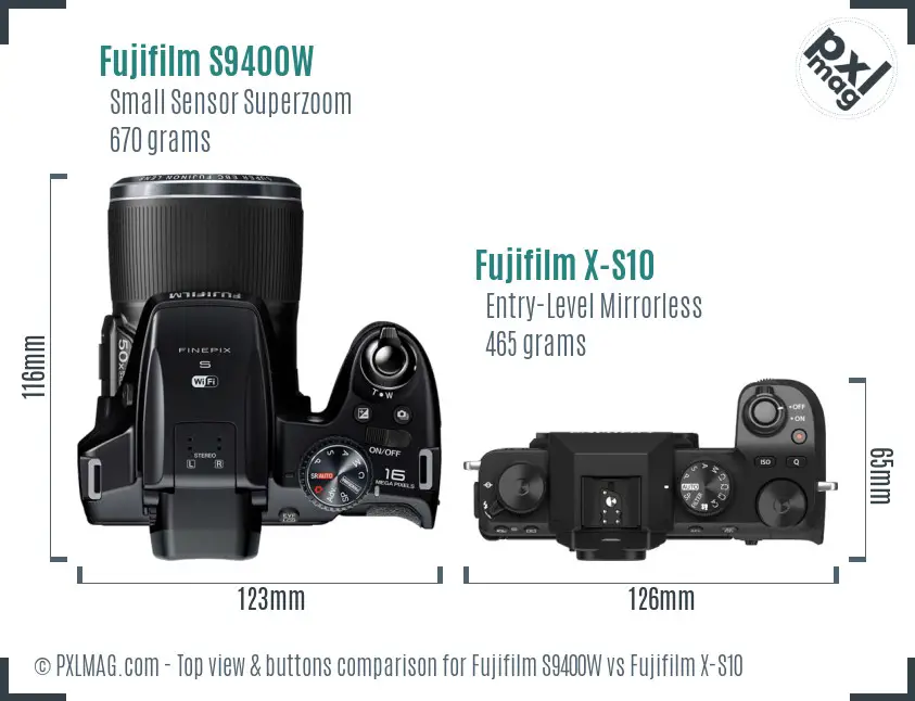 Fujifilm S9400W vs Fujifilm X-S10 top view buttons comparison
