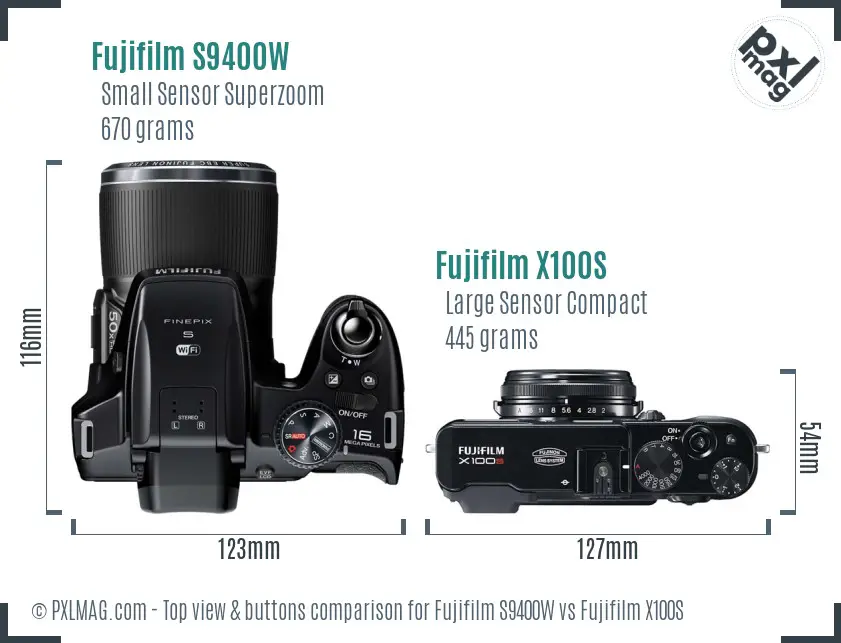 Fujifilm S9400W vs Fujifilm X100S top view buttons comparison