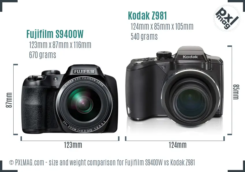 Fujifilm S9400W vs Kodak Z981 size comparison