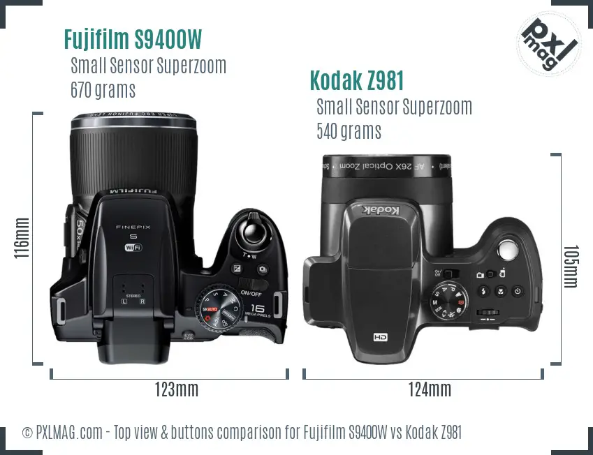 Fujifilm S9400W vs Kodak Z981 top view buttons comparison