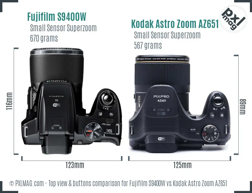 Fujifilm S9400W vs Kodak Astro Zoom AZ651 top view buttons comparison Fujifilm S9400W vs Kodak Astro Zoom AZ651 top view buttons comparison