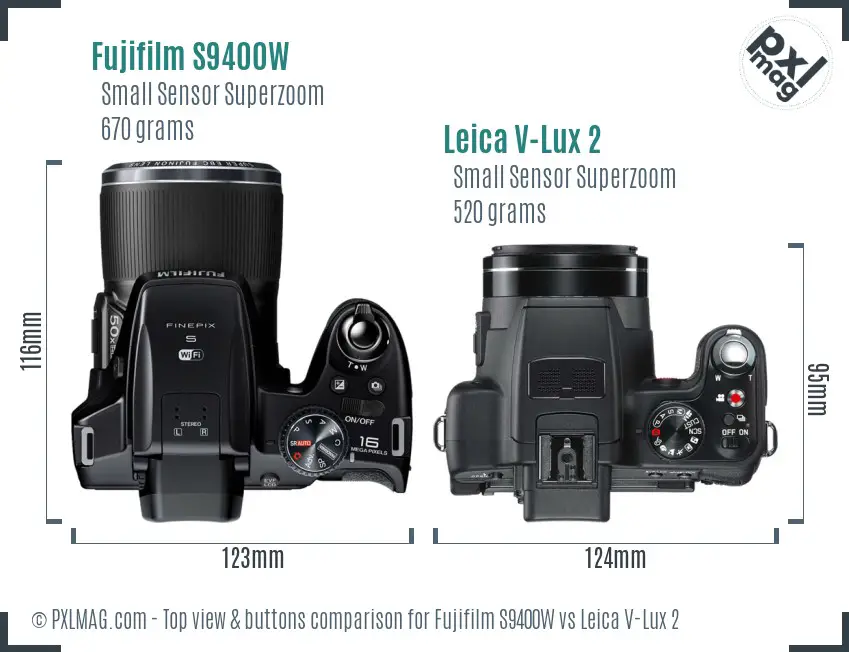 Fujifilm S9400W vs Leica V-Lux 2 top view buttons comparison