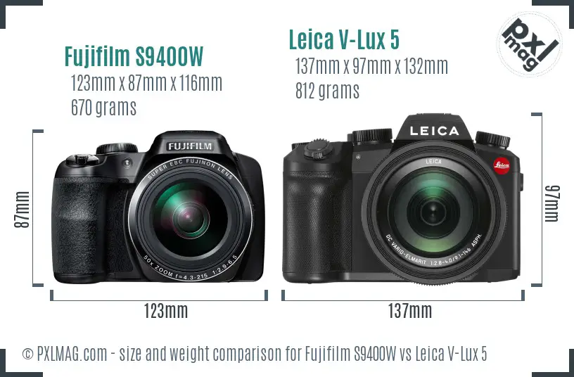 Fujifilm S9400W vs Leica V-Lux 5 size comparison