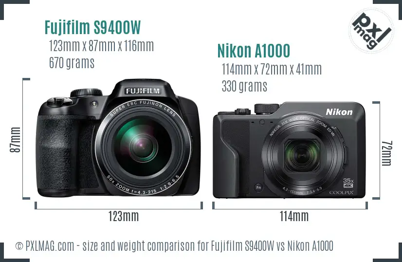 Fujifilm S9400W vs Nikon A1000 size comparison