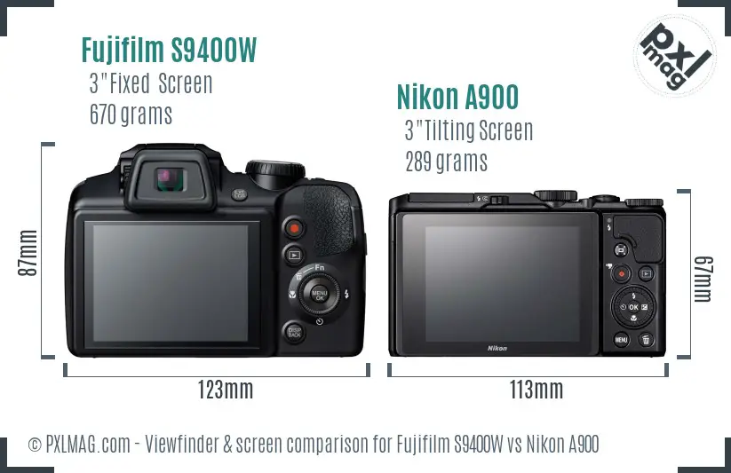 Fujifilm S9400W vs Nikon A900 Screen and Viewfinder comparison