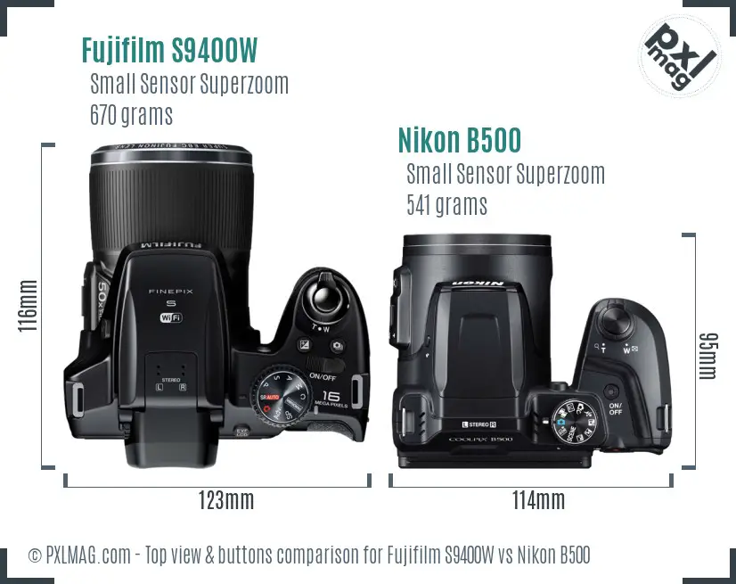 Fujifilm S9400W vs Nikon B500 top view buttons comparison