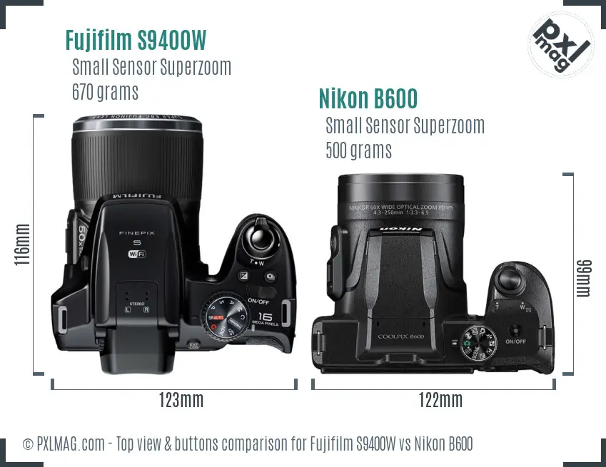 Fujifilm S9400W vs Nikon B600 top view buttons comparison