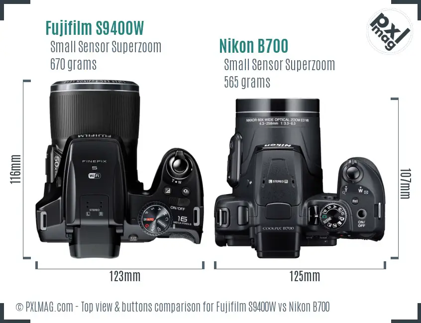 Fujifilm S9400W vs Nikon B700 top view buttons comparison