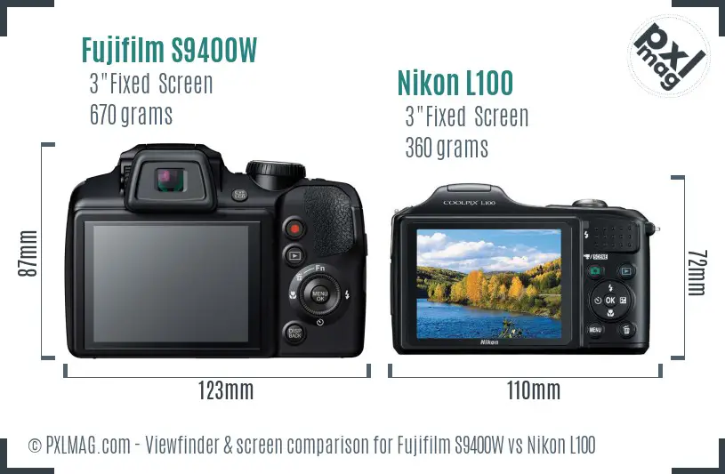 Fujifilm S9400W vs Nikon L100 Screen and Viewfinder comparison