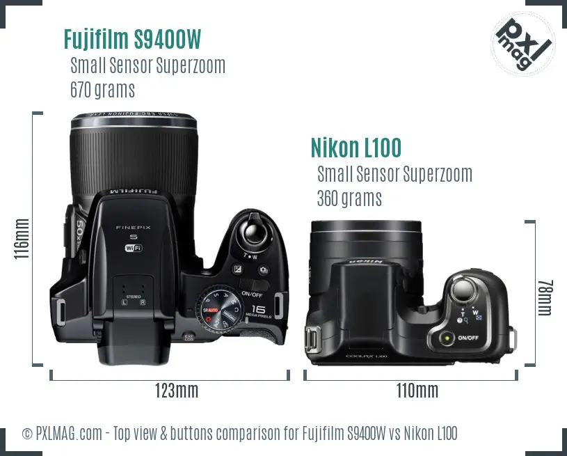 Fujifilm S9400W vs Nikon L100 top view buttons comparison