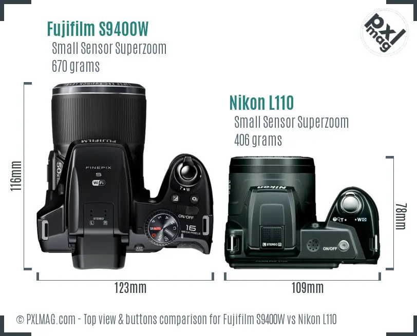 Fujifilm S9400W vs Nikon L110 top view buttons comparison