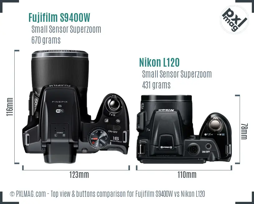 Fujifilm S9400W vs Nikon L120 top view buttons comparison Fujifilm S9400W vs Nikon L120 top view buttons comparison