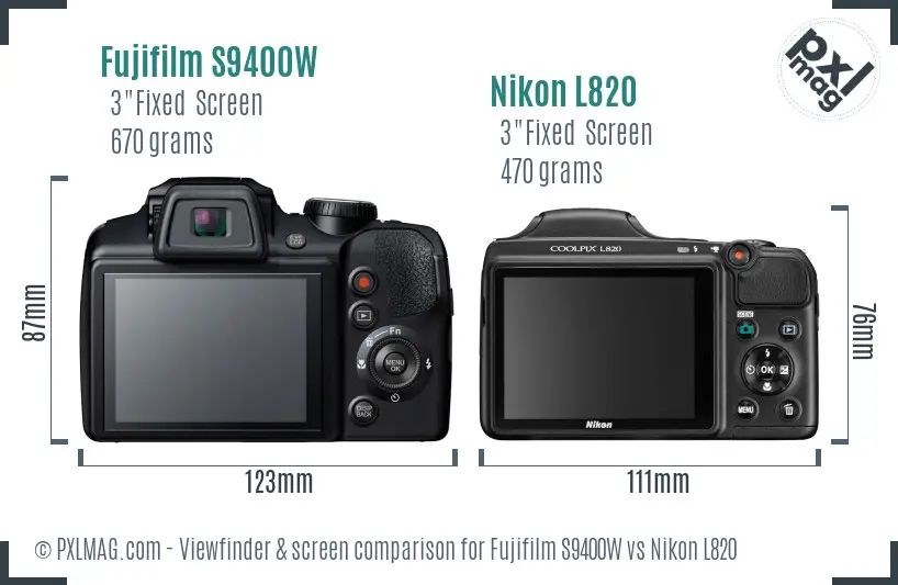 Fujifilm S9400W vs Nikon L820 Screen and Viewfinder comparison