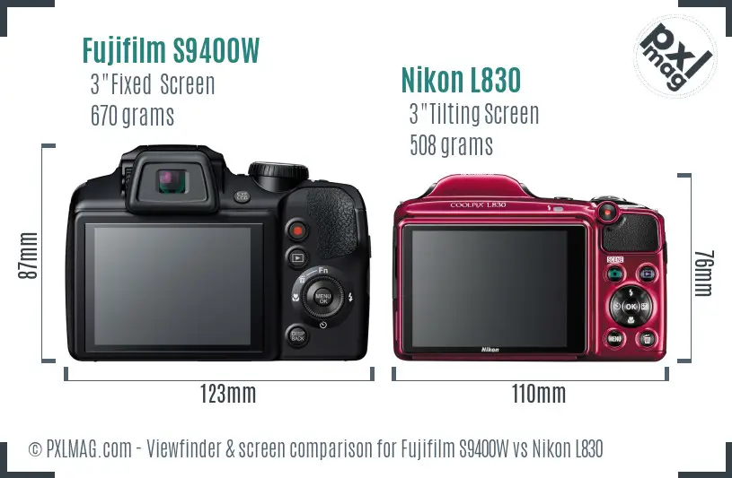 Fujifilm S9400W vs Nikon L830 Screen and Viewfinder comparison