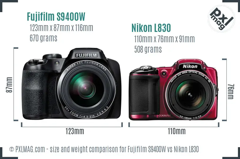Fujifilm S9400W vs Nikon L830 size comparison