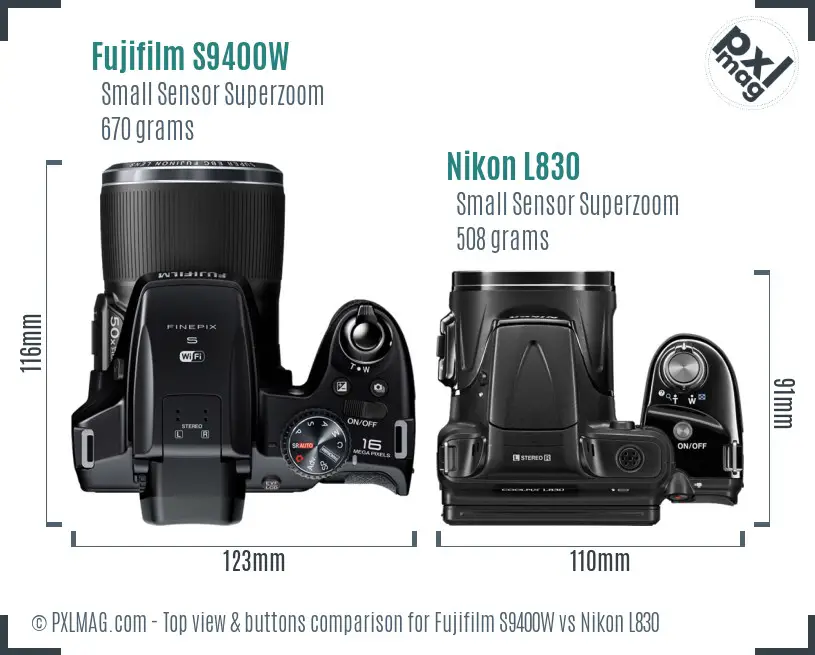 Fujifilm S9400W vs Nikon L830 top view buttons comparison