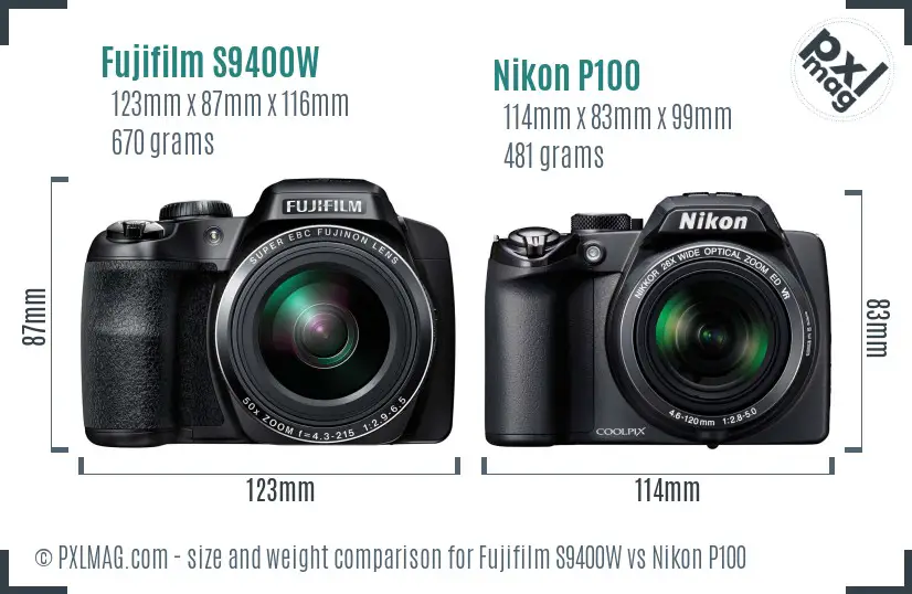 Fujifilm S9400W vs Nikon P100 size comparison