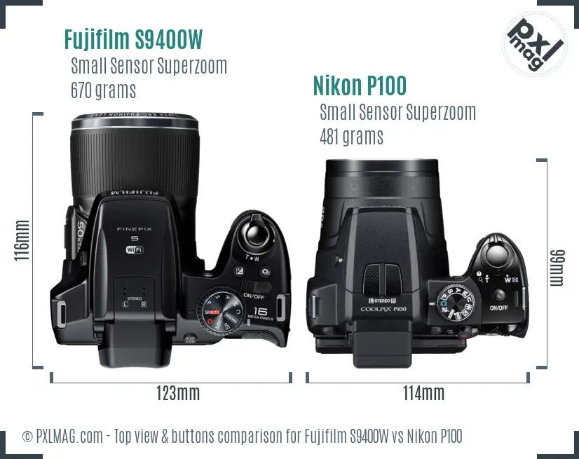 Fujifilm S9400W vs Nikon P100 top view buttons comparison