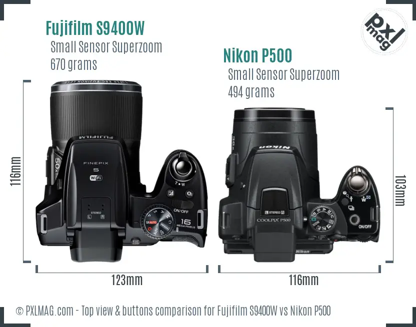 Fujifilm S9400W vs Nikon P500 top view buttons comparison
