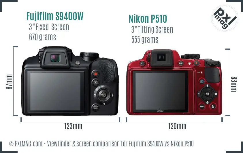 Fujifilm S9400W vs Nikon P510 Screen and Viewfinder comparison