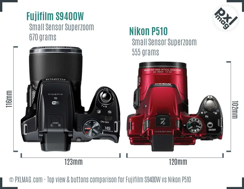 Fujifilm S9400W vs Nikon P510 top view buttons comparison