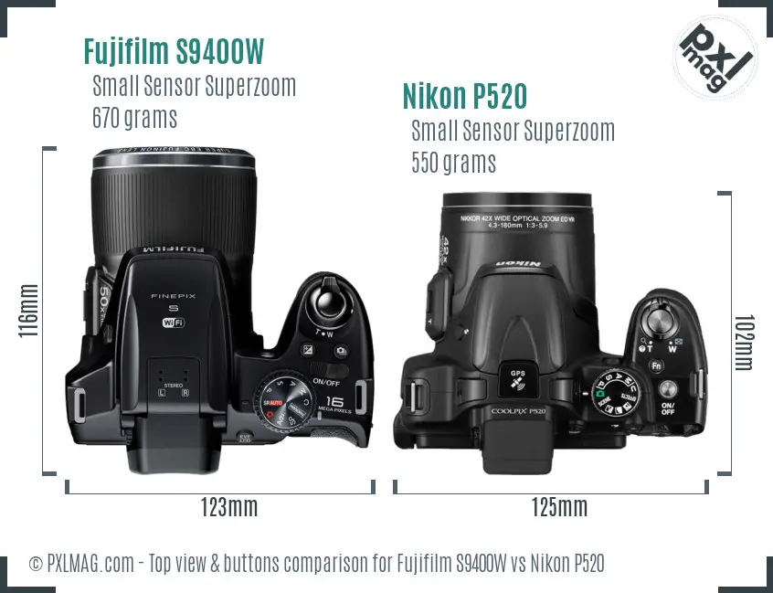 Fujifilm S9400W vs Nikon P520 top view buttons comparison