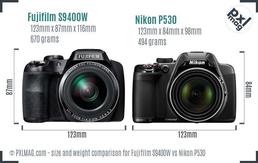 Fujifilm S9400W vs Nikon P530 size comparison